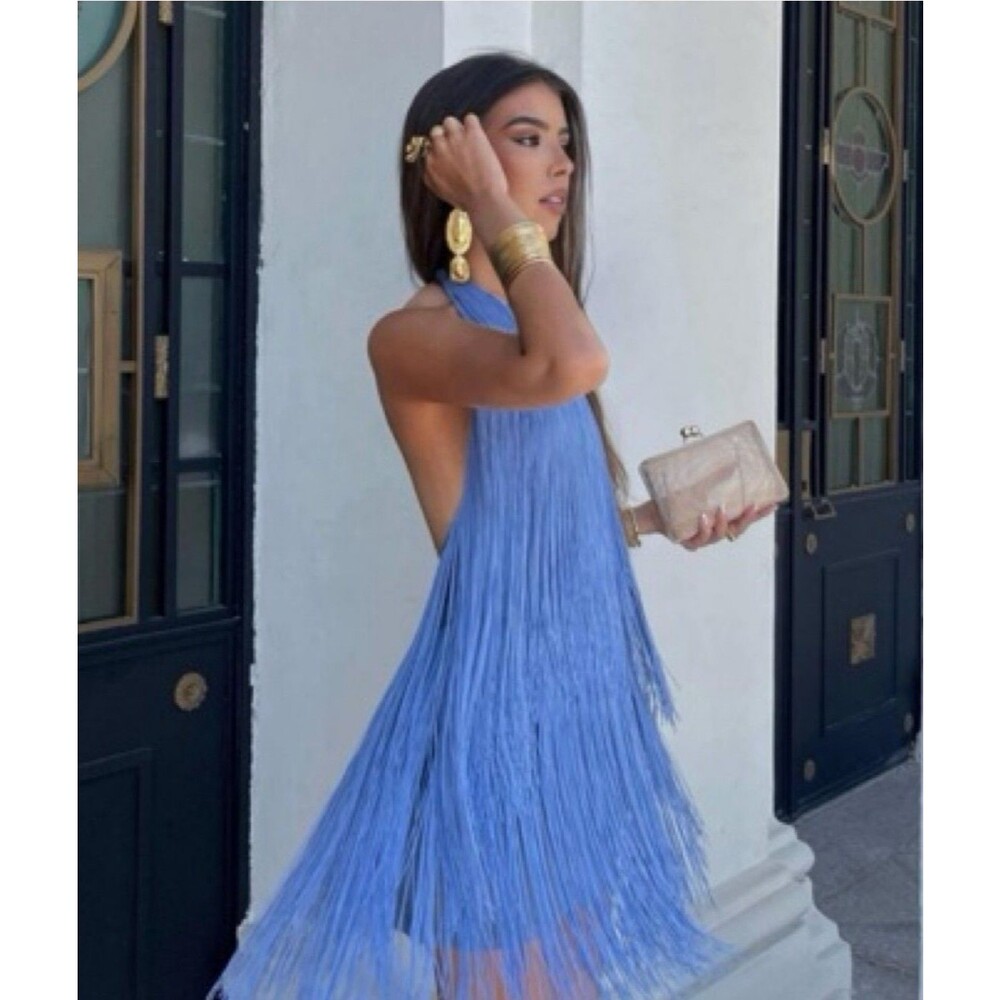 ZARA Halter Fringe Dress Size L Blue New WITH TAG! - Picture 3 of 8